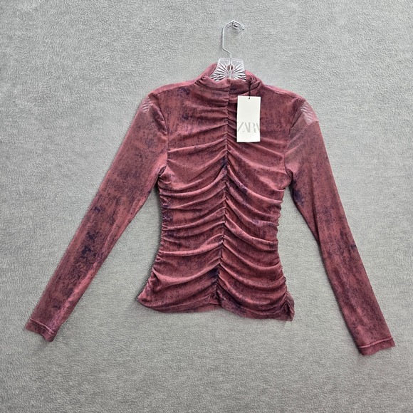 Zara Women Top Small Pink Tie Dye Ruched Printed Tulle Shirt Cropped Mock NWT - Picture 1 of 11